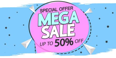 Mega Sale, up to 50% off, discount poster design template, special offer, spend up and save more, promotion banner, end of season, vector illustration