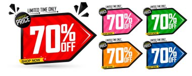 İndirim% 70 indirimli pankartlar, indirimli etiketler tasarım şablonu, özel teklif, sezon sonu anlaşması, uygulama simgeleri, vektör illüstrasyonu