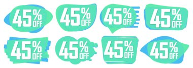 Set Sale 45% off banners, discount bubble tags design template, promo app icons, extra deals, lowest price, vector illustration