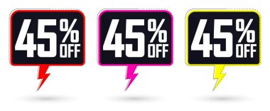 Set Sale 45% off banners, discount tags design template, promo app icons, extra deals, lowest price, vector illustration