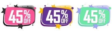 Set Sale 45% off banners, discount tags design template, promo app icons, extra deals, lowest price, vector illustration