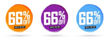 Set Sale 66% off banners, discount tags design template, promo app icons, extra deals, lowest price, vector illustration