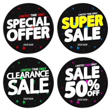 İndirim pankartları tasarım şablonu, indirim etiketleri, harika teklifler, vektör illüstrasyonunu ayarla