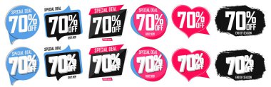 İndirim% 70 indirimli pankartlar, indirimli etiketler tasarım şablonu, özel teklif, sezon sonu anlaşması, uygulama simgeleri, vektör illüstrasyonu
