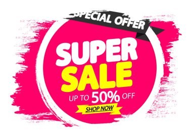 Süper Satış,% 50 indirimli, tanıtım pankartı tasarım şablonu, indirim etiketi, vektör illüstrasyonu