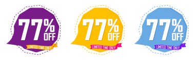 İndirim% 77 indirimli pankartlar, indirim etiketleri tasarım şablonu, özel teklif, sezon sonu anlaşması, uygulama simgeleri, vektör ilüstrasyonu