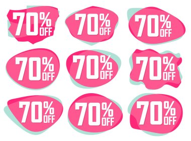 İndirim% 70 indirimli pankartlar, indirimli etiketler tasarım şablonu, özel teklif, sezon sonu anlaşması, uygulama simgeleri, vektör illüstrasyonu