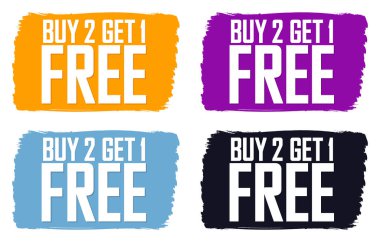 2 Al 1 Bedava, Set Satış pankartları tasarım şablonu, indirimli etiketler koleksiyonu, harika teklif, vektör illüstrasyonu