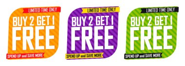 2 Al 1 Bedava, Set Satış pankartları tasarım şablonu, indirimli etiketler koleksiyonu, harika teklif, vektör illüstrasyonu