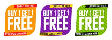 Satın Al 1 Bedava, Set Satış Sancakları tasarım şablonu, indirimli etiketler koleksiyonu, harika bir teklif, vektör illüstrasyonu