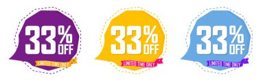 İndirimi% 33 indirimli pankartlar, indirimli etiketler tasarım şablonu, tanıtım uygulaması simgeleri, vektör illüstrasyonunu ayarla