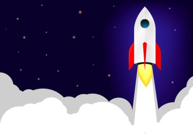 Roket Fırlatma, yatay poster tasarım şablonu, iniş sayfası, başlangıç projesi afişi, vektör illüstrasyonu