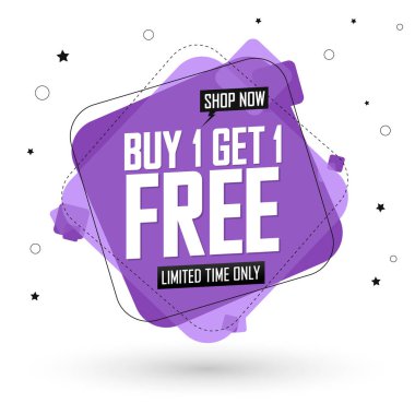 1 Al 1 Bedava, indirimli pankart tasarım şablonu, indirim etiketi, bogo, uygulama simgesi, harcayıp daha fazla kaydet, vektör illüstrasyonu