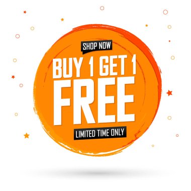 1 Al 1 Bedava, indirimli pankart tasarım şablonu, indirim etiketi, bogo, uygulama simgesi, harcayıp daha fazla kaydet, vektör illüstrasyonu