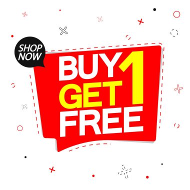1 Al 1 Bedava, indirimli pankart tasarım şablonu, indirim etiketi, bogo, uygulama simgesi, harcayıp daha fazla kaydet, vektör illüstrasyonu