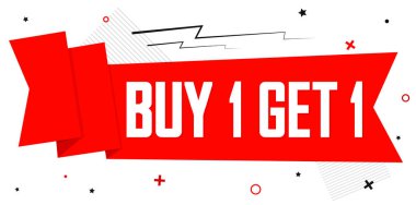 1 Al 1 Bedava, indirimli pankart tasarım şablonu, indirim etiketi, bogo, uygulama simgesi, harcayıp daha fazla kaydet, vektör illüstrasyonu