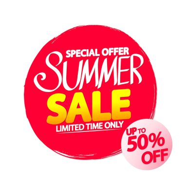Yaz indirimi% 50 'ye varan indirim, poster tasarım şablonu, sezon özel teklifi, indirimli afiş, vektör illüstrasyonu