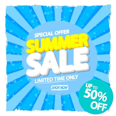 Yaz indirimi% 50 'ye varan indirim, poster tasarım şablonu, sezon özel teklifi, indirimli afiş, vektör illüstrasyonu