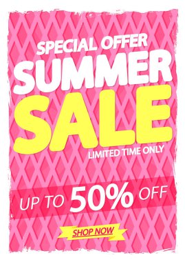 Yaz indirimi% 50 'ye varan indirim, poster tasarım şablonu, sezon özel teklifi, indirimli afiş, vektör illüstrasyonu