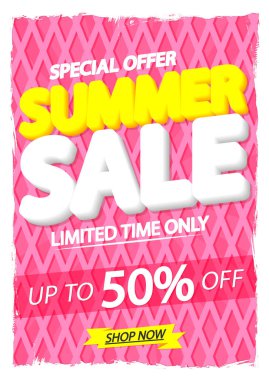 Yaz indirimi% 50 'ye varan indirim, poster tasarım şablonu, sezon özel teklifi, indirimli afiş, vektör illüstrasyonu
