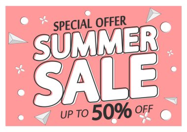 Yaz indirimi% 50 'ye varan indirim, poster tasarım şablonu, sezon özel teklifi, indirimli afiş, vektör illüstrasyonu