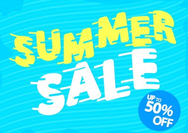 Yaz indirimi% 50 'ye varan indirim, poster tasarım şablonu, sezon özel teklifi, indirimli afiş, vektör illüstrasyonu