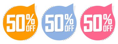 İndirim% 50 indirimli pankartlar, indirim etiketleri tasarım şablonu, özel teklif, sezon sonu anlaşması, uygulama simgeleri, vektör ilüstrasyonu