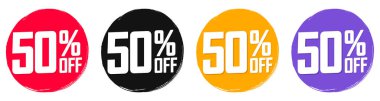 İndirim% 50 indirimli pankartlar, indirim etiketleri tasarım şablonu, özel teklif, sezon sonu anlaşması, uygulama simgeleri, vektör ilüstrasyonu