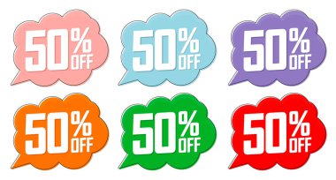 İndirim% 50 indirimli pankartlar, indirim etiketleri tasarım şablonu, özel teklif, sezon sonu anlaşması, uygulama simgeleri, vektör ilüstrasyonu
