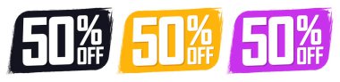 İndirim% 50 indirimli pankartlar, indirim etiketleri tasarım şablonu, özel teklif, sezon sonu anlaşması, uygulama simgeleri, vektör ilüstrasyonu