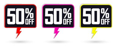 İndirim% 50 indirimli pankartlar, indirim etiketleri tasarım şablonu, özel teklif, sezon sonu anlaşması, uygulama simgeleri, vektör ilüstrasyonu