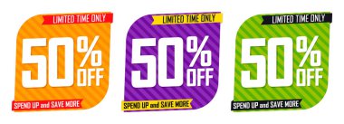 İndirim% 50 indirimli pankartlar, indirim etiketleri tasarım şablonu, özel teklif, sezon sonu anlaşması, uygulama simgeleri, vektör ilüstrasyonu