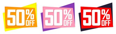 İndirim% 50 indirimli pankartlar, indirim etiketleri tasarım şablonu, özel teklif, sezon sonu anlaşması, uygulama simgeleri, vektör ilüstrasyonu