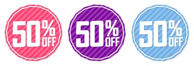 İndirim% 50 indirimli pankartlar, indirim etiketleri tasarım şablonu, özel teklif, sezon sonu anlaşması, uygulama simgeleri, vektör ilüstrasyonu