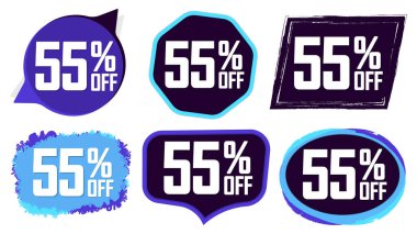 İndirimi% 55 indirimle ayarla, indirimli etiketler tasarım şablonu, tanıtım uygulaması simgeleri, vektör illüstrasyonları