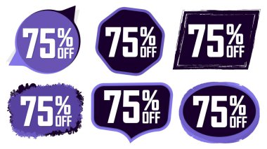 İndirimi% 75 indirimli pankart, indirim etiketi tasarım şablonu, tanıtım uygulaması simgeleri, vektör illüstrasyonunu ayarla