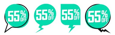 İndirimi% 55 indirimle ayarla, indirimli etiketler tasarım şablonu, tanıtım uygulaması simgeleri, vektör illüstrasyonları