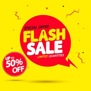 Flaş Satış,% 50 'ye varan indirim, konuşma balonu tasarım şablonu, indirim etiketi, çevrimiçi mağaza için tanıtım posteri, vektör ilüstrasyonu