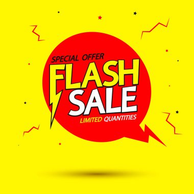 Flaş Satış, konuşma balonu pankartı tasarım şablonu, indirim etiketi, çevrimiçi mağaza için tanıtım posteri, vektör illüstrasyonu