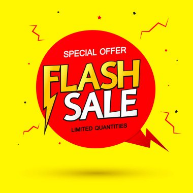Flaş Satış, konuşma balonu pankartı tasarım şablonu, indirim etiketi, çevrimiçi mağaza için tanıtım posteri, vektör illüstrasyonu