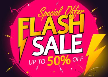 % 50 indirimli satış, poster tasarım şablonu, çevrimiçi mağaza için indirimli pankart, vektör illüstrasyonu.