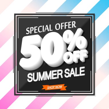 Yaz indirimi% 50 'ye varan indirim, poster tasarımı şablonu, en iyi sezon teklifi. Çevrimiçi dükkan için indirimli pankart, vektör illüstrasyonu.