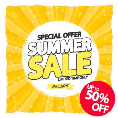 Yaz indirimi% 50 'ye varan indirim, poster tasarımı şablonu, en iyi sezon teklifi. Çevrimiçi dükkan için indirimli pankart, vektör illüstrasyonu.