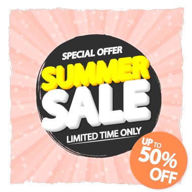 Yaz indirimi% 50 'ye varan indirim, poster tasarımı şablonu, en iyi sezon teklifi. Çevrimiçi dükkan için indirimli pankart, vektör illüstrasyonu.