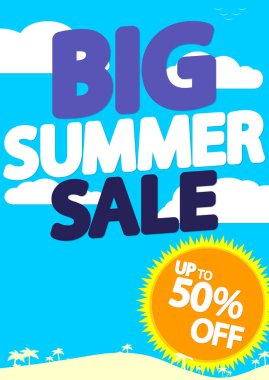 Yaz indirimi% 50 'ye varan indirim, poster tasarımı şablonu, en iyi sezon teklifi. Çevrimiçi dükkan için indirimli pankart, vektör illüstrasyonu.