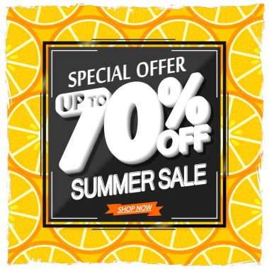 Yaz indirimi% 70 'e kadar indirimli, poster tasarımı şablonu, sezonun en iyi teklifi. Çevrimiçi dükkan için indirimli pankart, vektör illüstrasyonu.