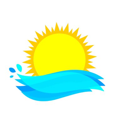 Güneş ikonu, grafik sembolü tasarım şablonu, büyük okyanus dalgaları, vektör illüstrasyonu