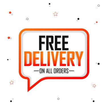Ücretsiz teslimat, pankart tasarımı, satış etiketi, tüm siparişler, vektör illüstrasyonu