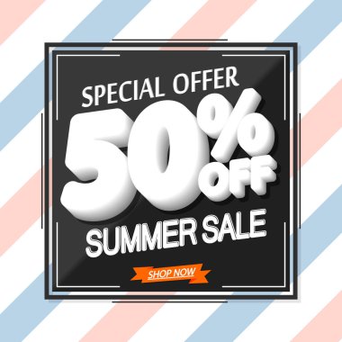Yaz indirimi% 50 'ye varan indirim, poster tasarımı şablonu, en iyi sezon teklifi. Çevrimiçi dükkan için indirimli pankart, vektör illüstrasyonu.