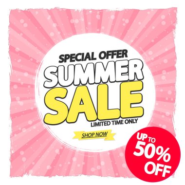 Yaz indirimi% 50 'ye varan indirim, poster tasarımı şablonu, en iyi sezon teklifi. Çevrimiçi dükkan için indirimli pankart, vektör illüstrasyonu.